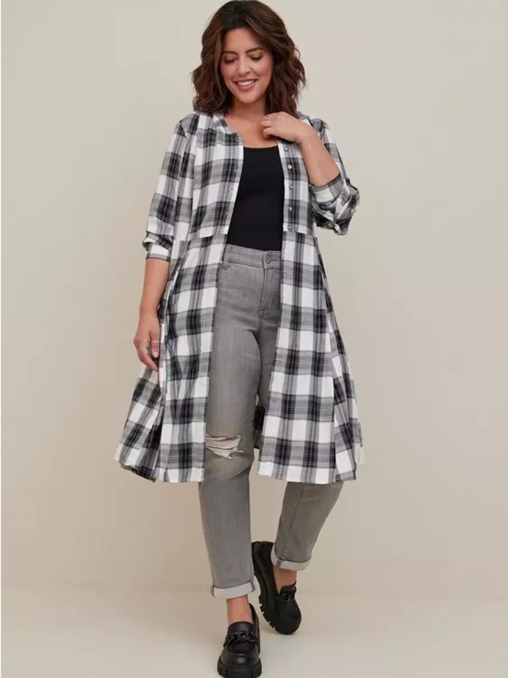 Torrid Button Front Kimono Voile Plaid Black 3X 18318409